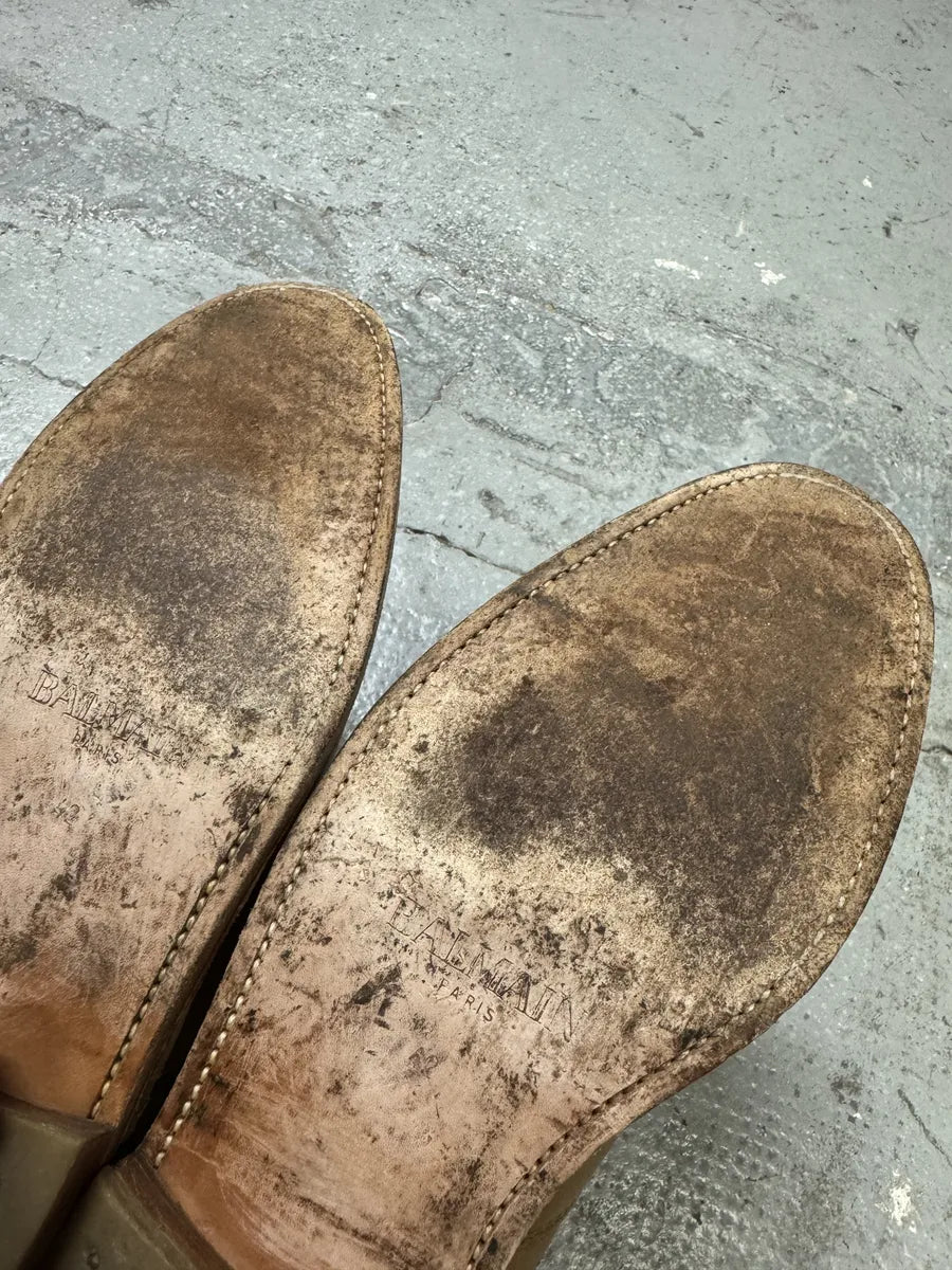 Balmain Camel Avant-Garde Buckle Leather Biker Shoes recYotu 7