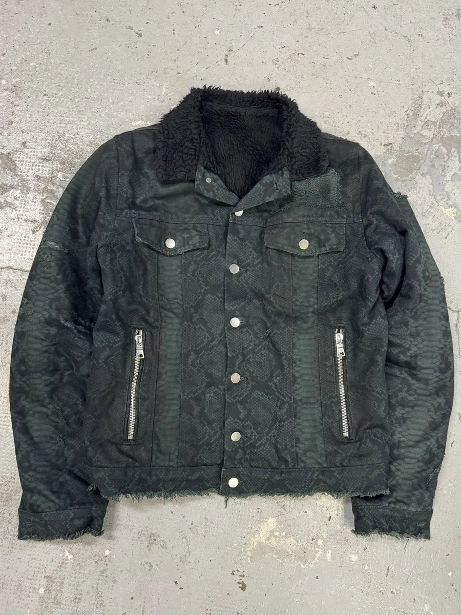 Balmain Dark Green Python Effect Distressed Avant-Garde Jacket ovgtzdy 0