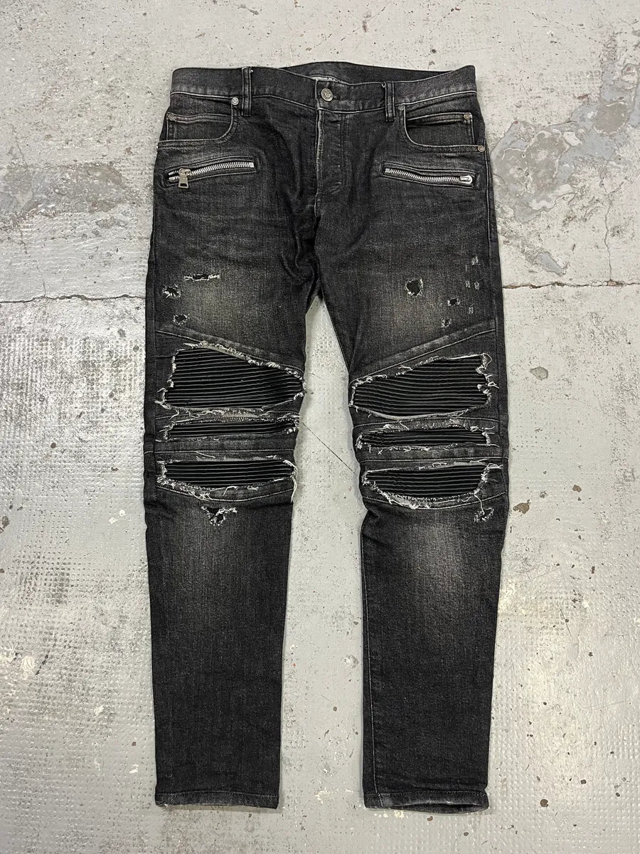 Balmain Distressed Biker Faded Black Slim Jeans JxBAhhB 1