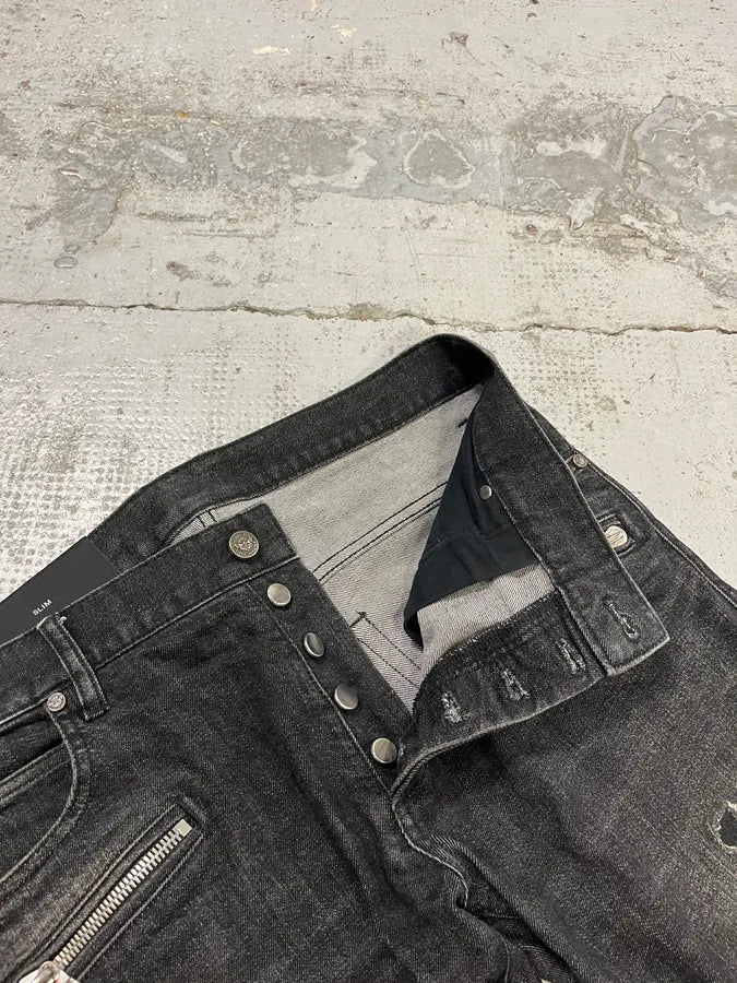 Balmain Distressed Biker Faded Black Slim Jeans JxBAhhB 10