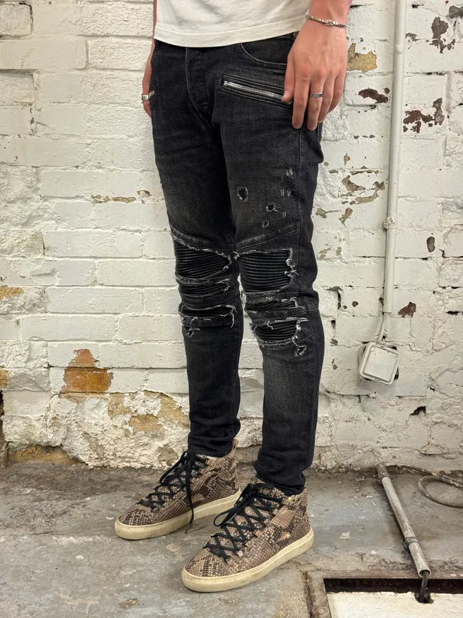 Balmain Distressed Biker Faded Black Slim Jeans JxBAhhB 2