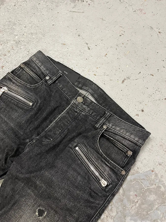 Balmain Distressed Biker Faded Black Slim Jeans JxBAhhB 4