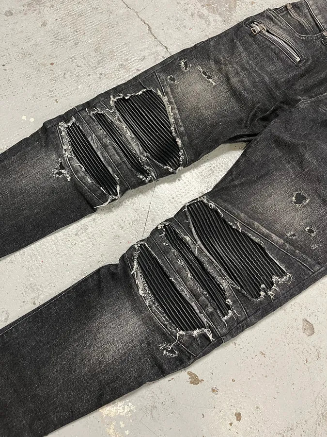 Balmain Distressed Biker Faded Black Slim Jeans JxBAhhB 7