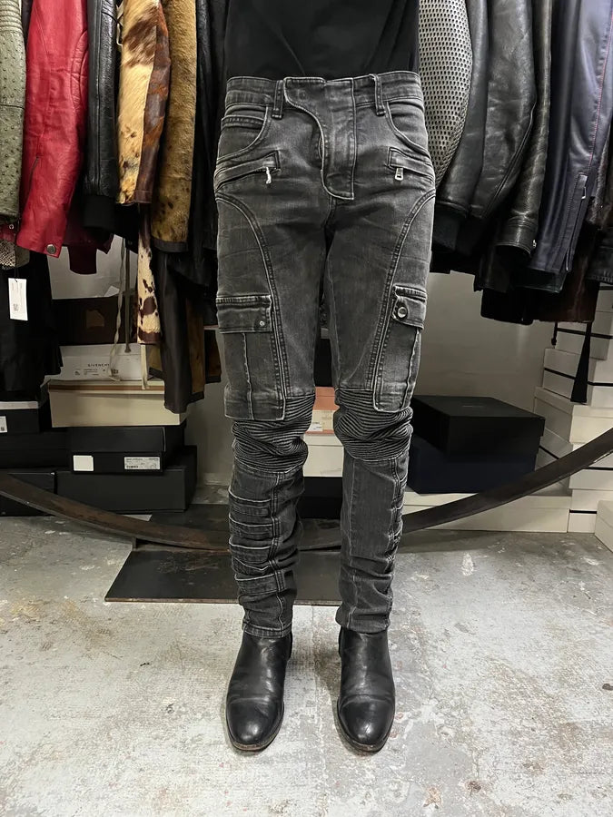 Balmain Grey Contemporary Biker Denim Jeans NiGxbbt 1