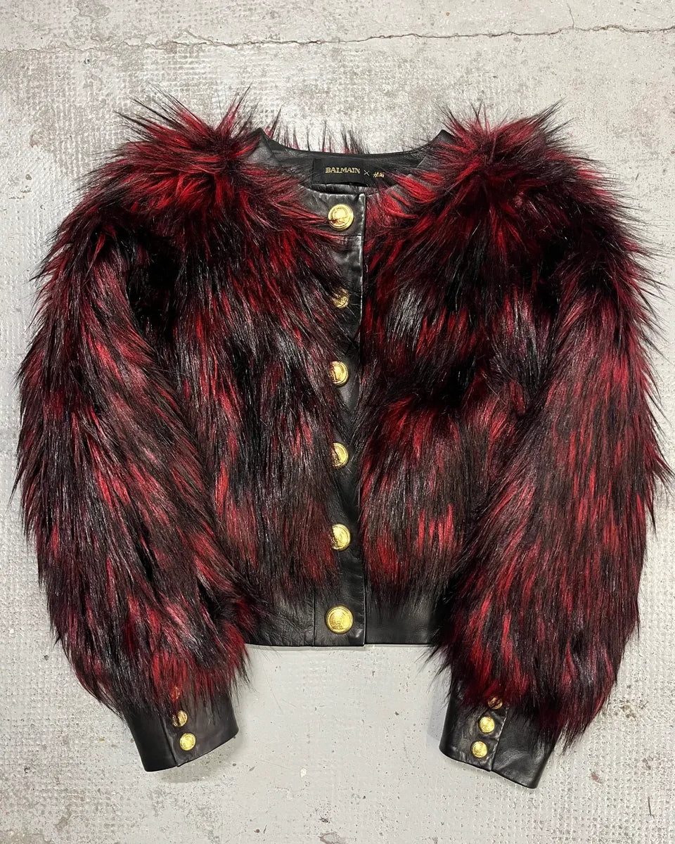 Balmain H&M Bordeaux & Black Faux Fur Gold Button Jacket lTVYFuR 0