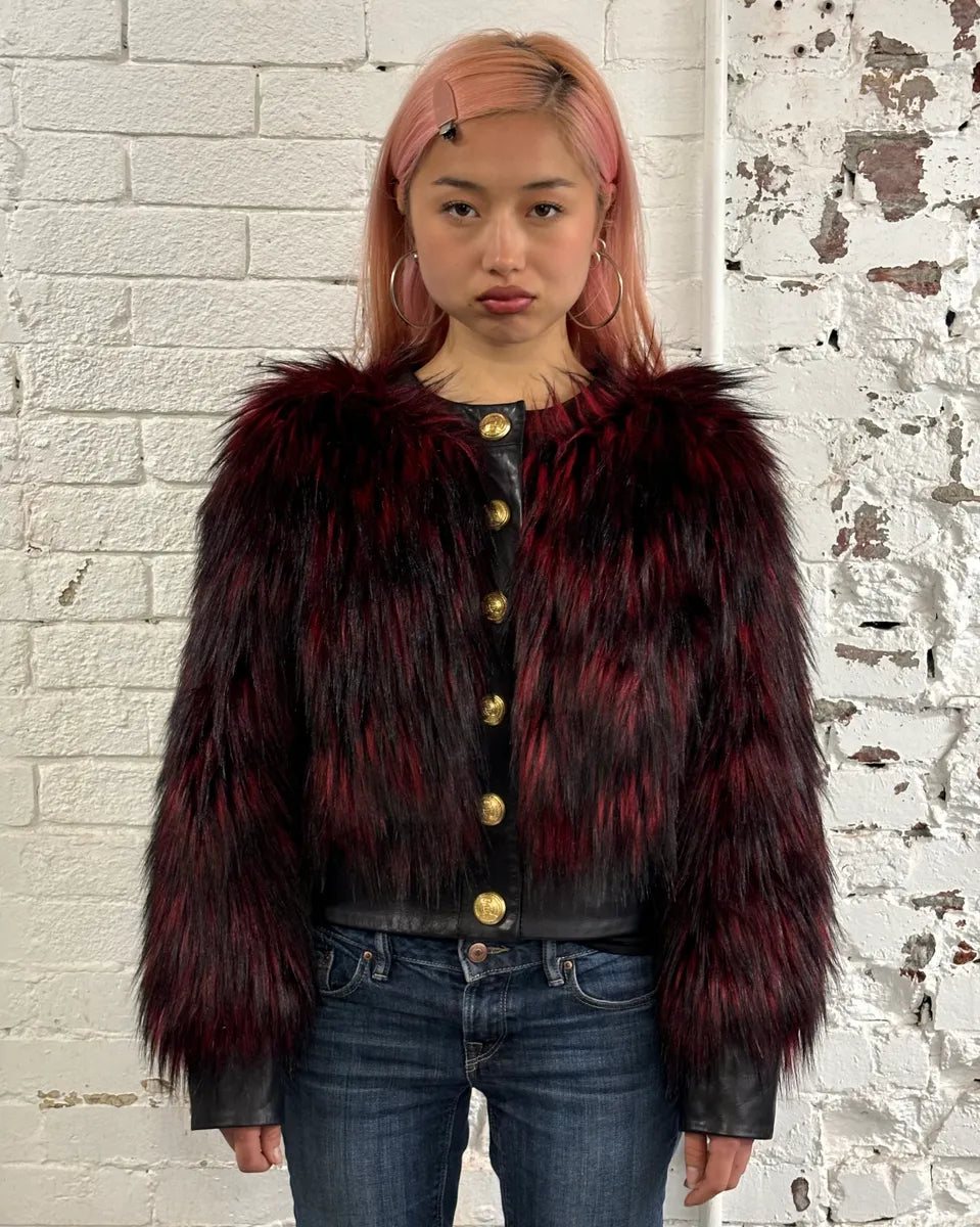 Balmain H&M Bordeaux & Black Faux Fur Gold Button Jacket lTVYFuR 1