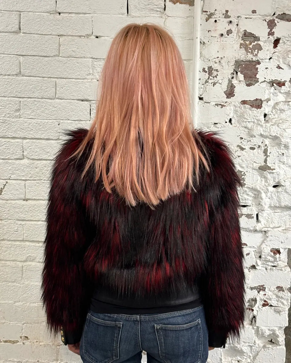 Balmain H&M Bordeaux & Black Faux Fur Gold Button Jacket lTVYFuR 2