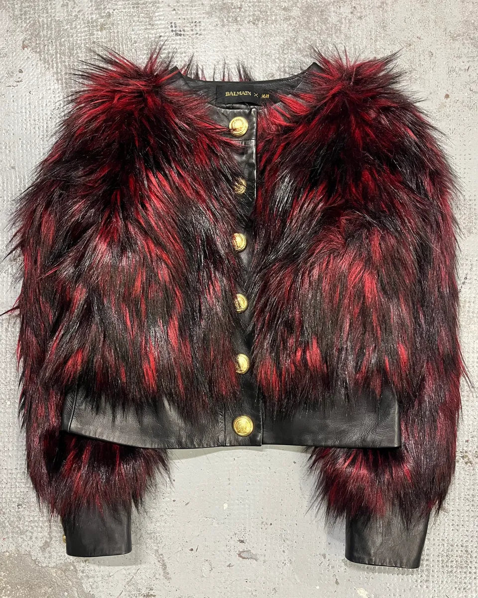 Balmain H&M Bordeaux & Black Faux Fur Gold Button Jacket lTVYFuR 3
