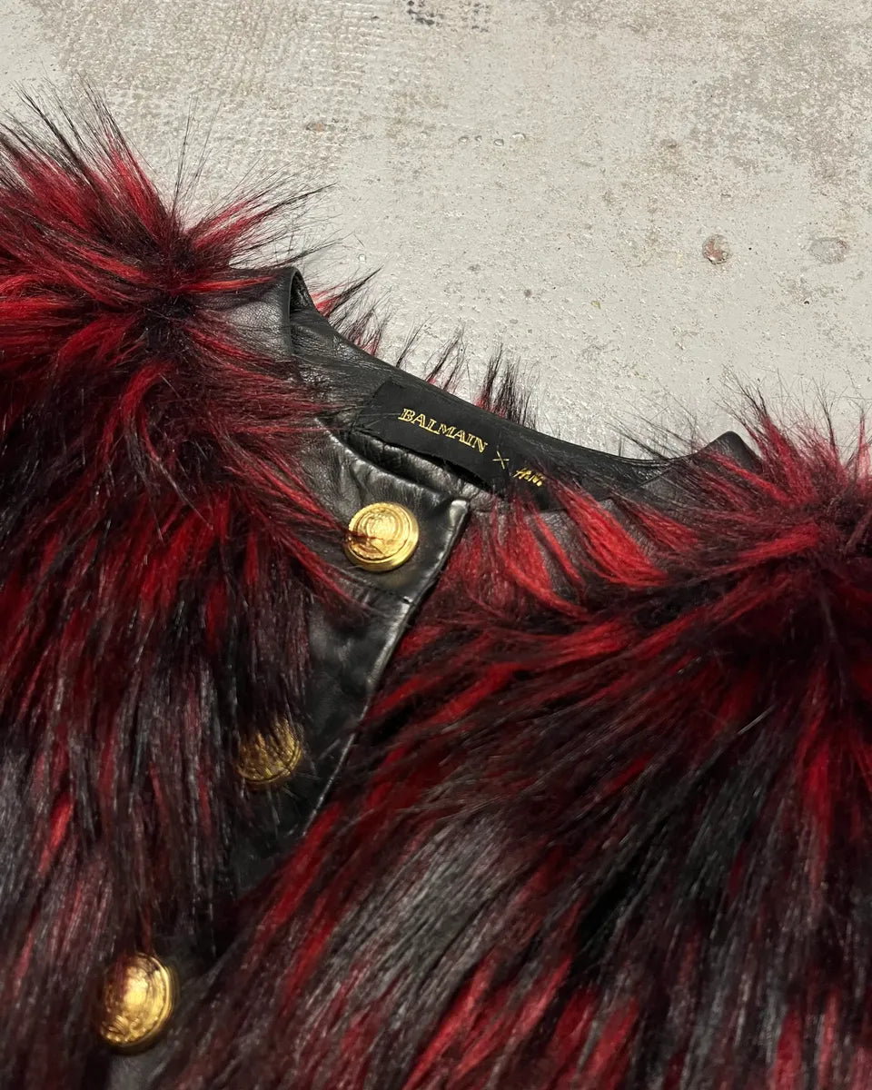 Balmain H&M Bordeaux & Black Faux Fur Gold Button Jacket lTVYFuR 4