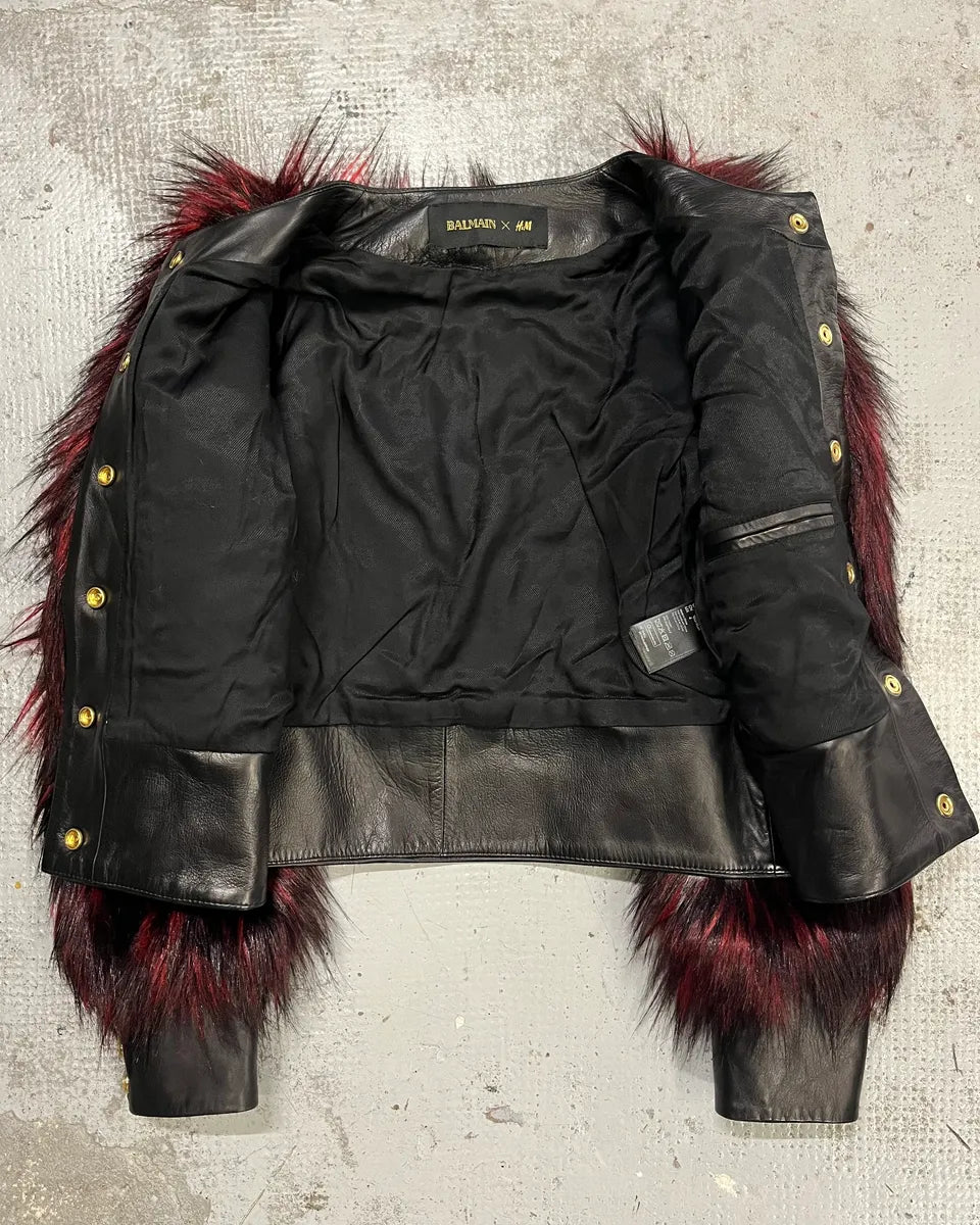 Balmain H&M Bordeaux & Black Faux Fur Gold Button Jacket lTVYFuR 7