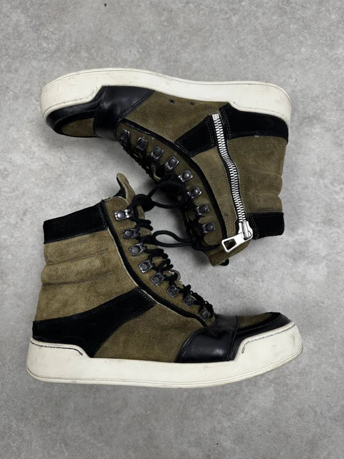 AW2015 Balmain H&M Khaki Suede Leather High Sneakers  AcxijiY 2