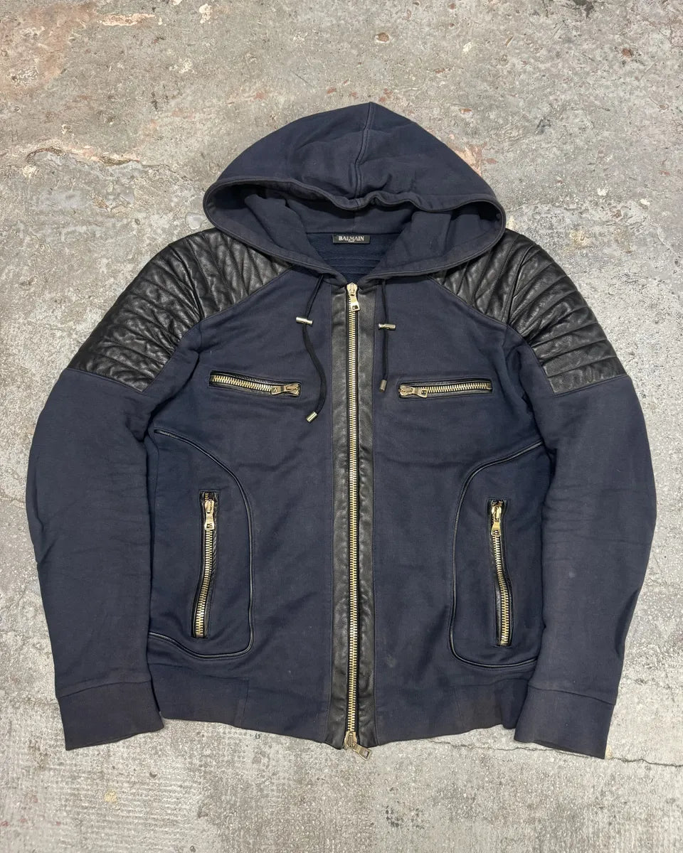Balmain Multi Zips Navy Blue Padded Leather Biker Sweater (M) 0