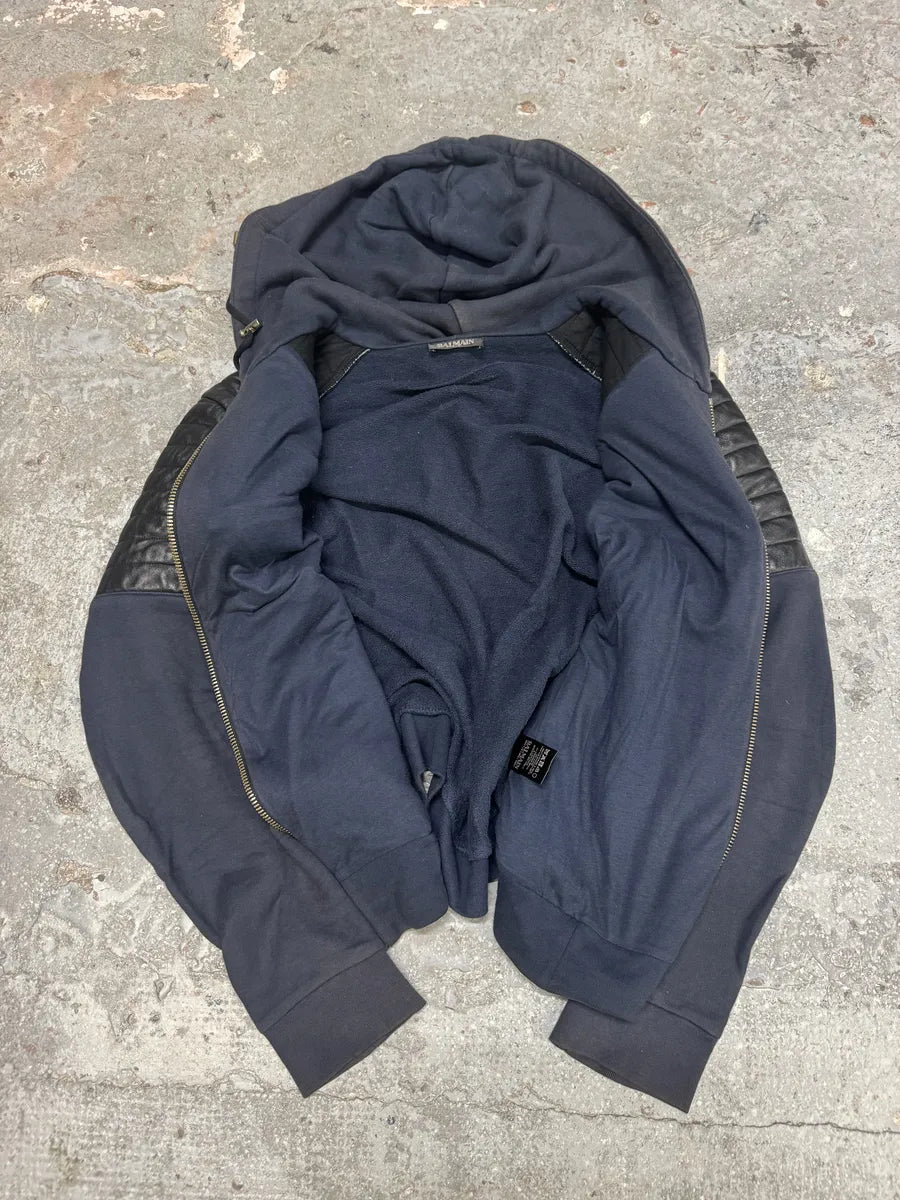 Balmain Multi Zips Navy Blue Padded Leather Biker Sweater (M) 10