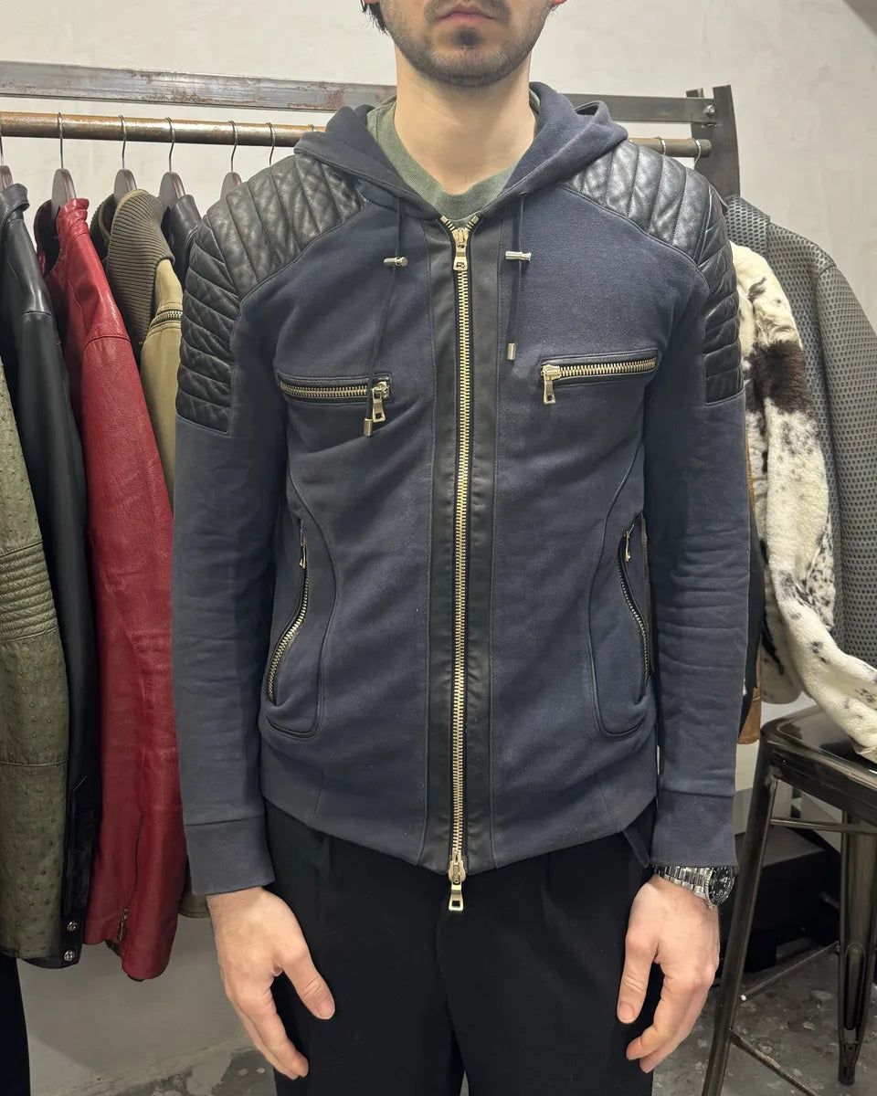 Balmain Multi Zips Navy Blue Padded Leather Biker Sweater (M) 2