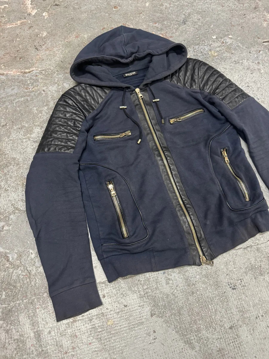Balmain Multi Zips Navy Blue Padded Leather Biker Sweater (M) 4
