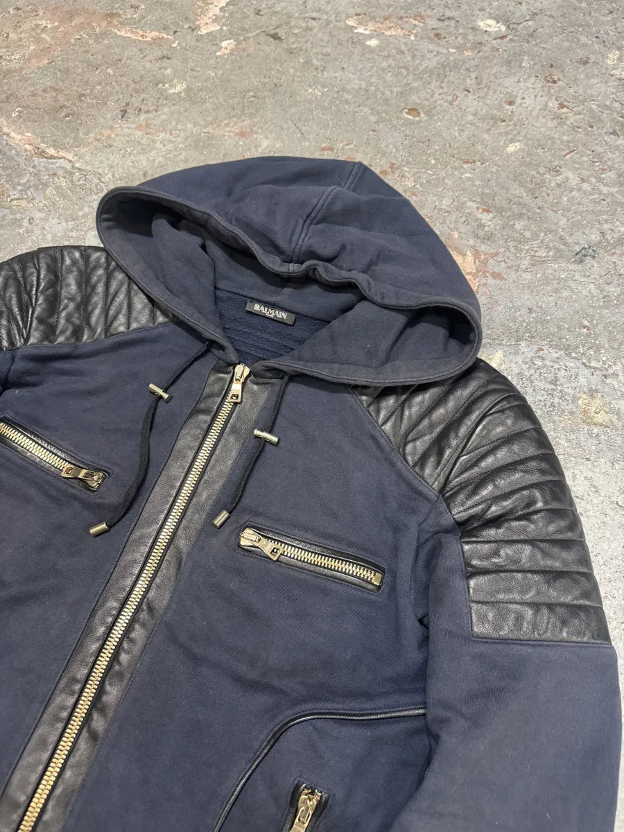 Balmain Multi Zips Navy Blue Padded Leather Biker Sweater (M) 9