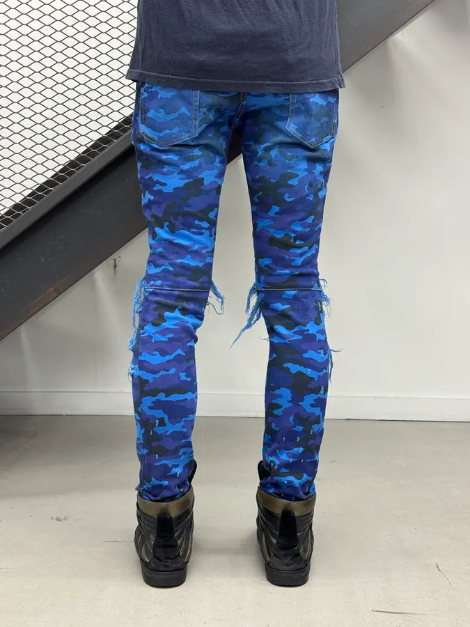 AW2017 Balmain Navy Blue Camo Distressed Skinny Biker Jeans CejMokN 3