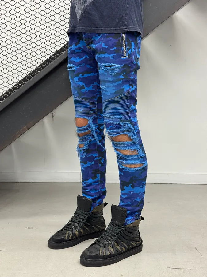 AW2017 Balmain Navy Blue Camo Distressed Skinny Biker Jeans CejMokN 2