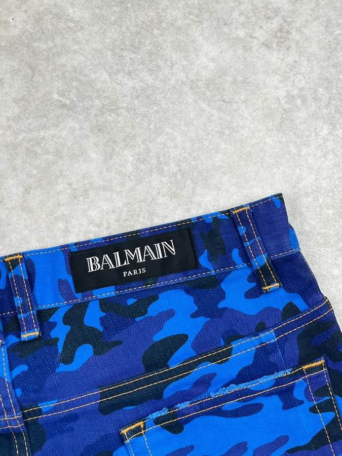 AW2017 Balmain Navy Blue Camo Distressed Skinny Biker Jeans CejMokN 10