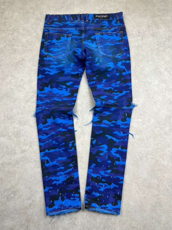 AW2017 Balmain Navy Blue Camo Distressed Skinny Biker Jeans CejMokN 8