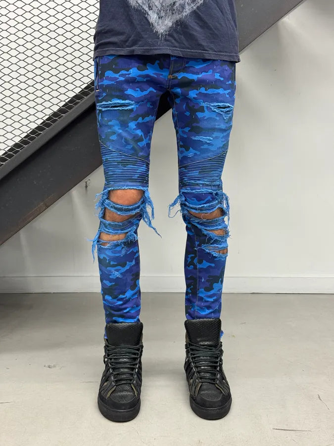 AW2017 Balmain Navy Blue Camo Distressed Skinny Biker Jeans CejMokN 1