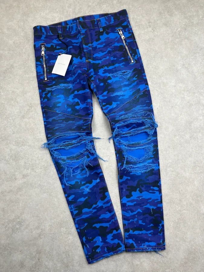 AW2017 Balmain Navy Blue Camo Distressed Skinny Biker Jeans CejMokN 7