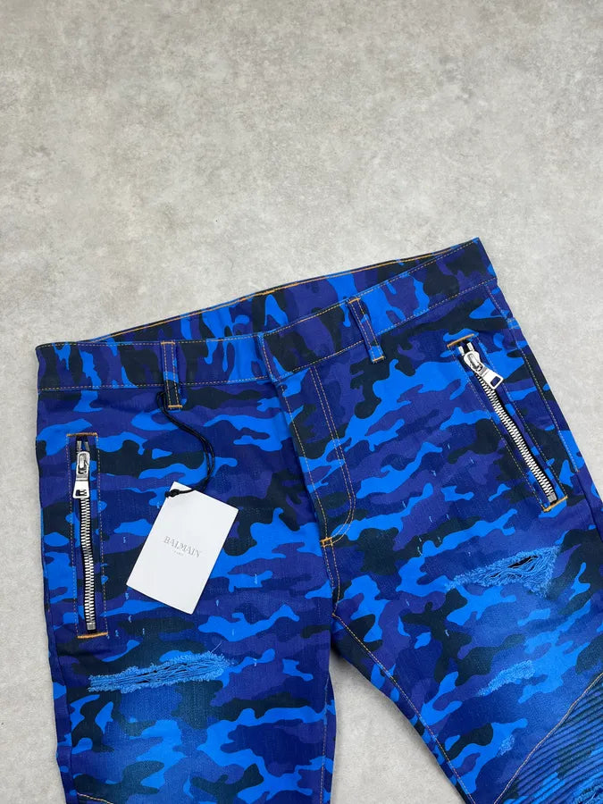 AW2017 Balmain Navy Blue Camo Distressed Skinny Biker Jeans CejMokN 6