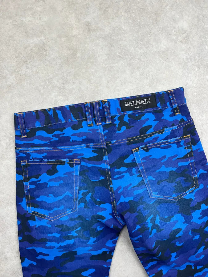 AW2017 Balmain Navy Blue Camo Distressed Skinny Biker Jeans CejMokN 9