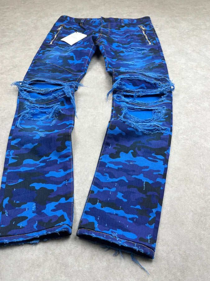 AW2017 Balmain Navy Blue Camo Distressed Skinny Biker Jeans CejMokN 5