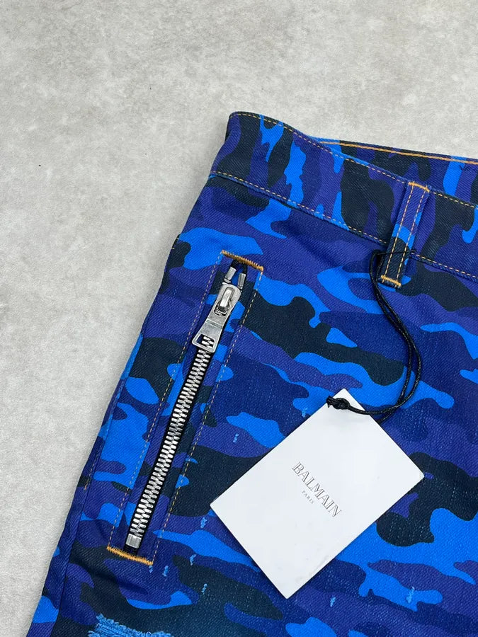 AW2017 Balmain Navy Blue Camo Distressed Skinny Biker Jeans CejMokN 11