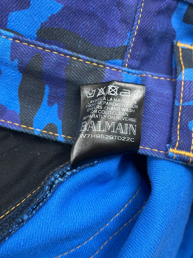 AW2017 Balmain Navy Blue Camo Distressed Skinny Biker Jeans CejMokN 12
