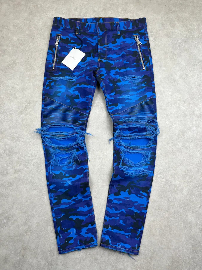 AW2017 Balmain Navy Blue Camo Distressed Skinny Biker Jeans CejMokN 0