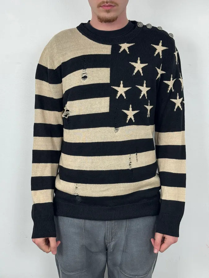 SS2016 Balmain Black Cream Linen Stars Ripped Sweater RRAsmcn 1