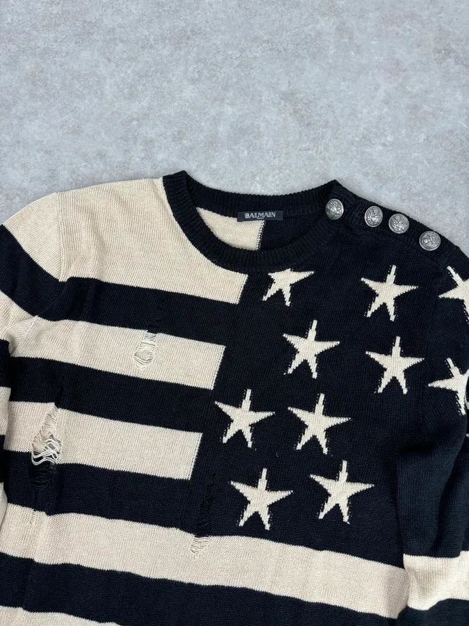 SS2016 Balmain Black Cream Linen Stars Ripped Sweater RRAsmcn 3