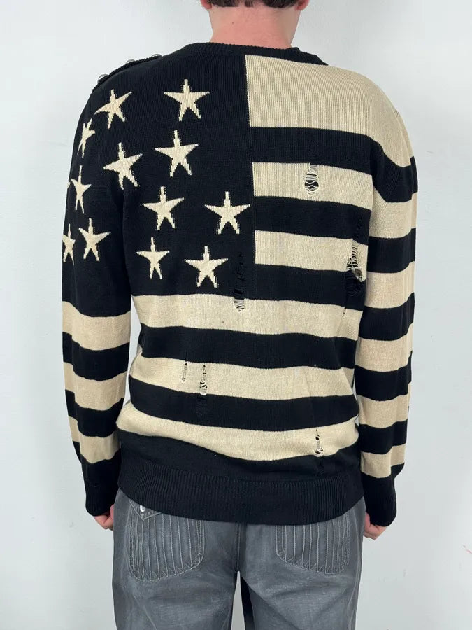 SS2016 Balmain Black Cream Linen Stars Ripped Sweater RRAsmcn 2
