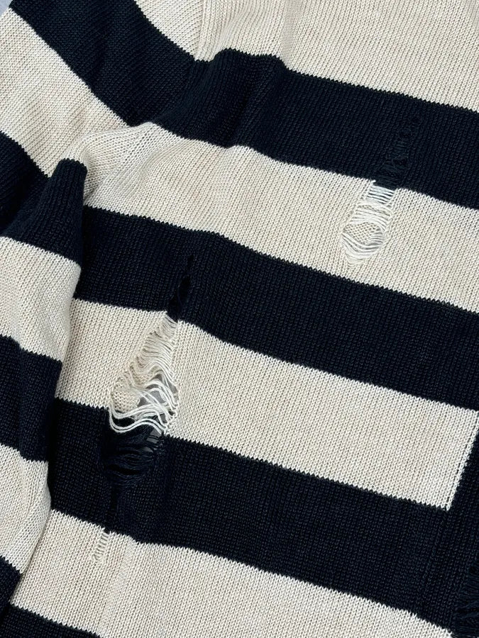 SS2016 Balmain Black Cream Linen Stars Ripped Sweater RRAsmcn 7