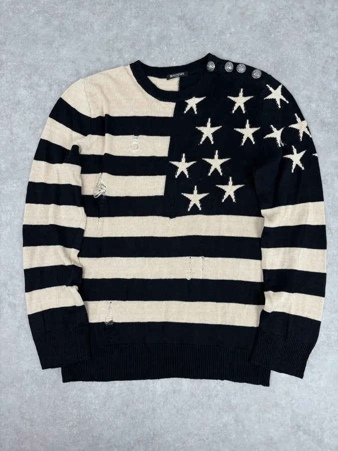 SS2016 Balmain Black Cream Linen Stars Ripped Sweater RRAsmcn 0
