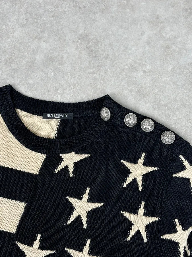 SS2016 Balmain Black Cream Linen Stars Ripped Sweater RRAsmcn 6