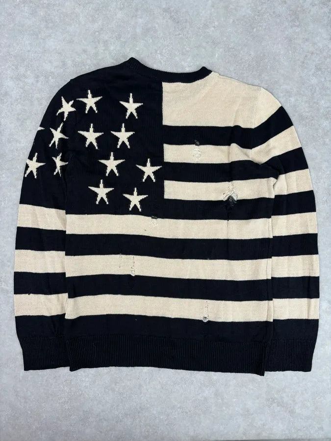 SS2016 Balmain Black Cream Linen Stars Ripped Sweater RRAsmcn 4