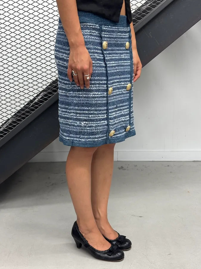 2010s Balmain Navy Tweed Lion Buttoned Skirt kJznilJ 1