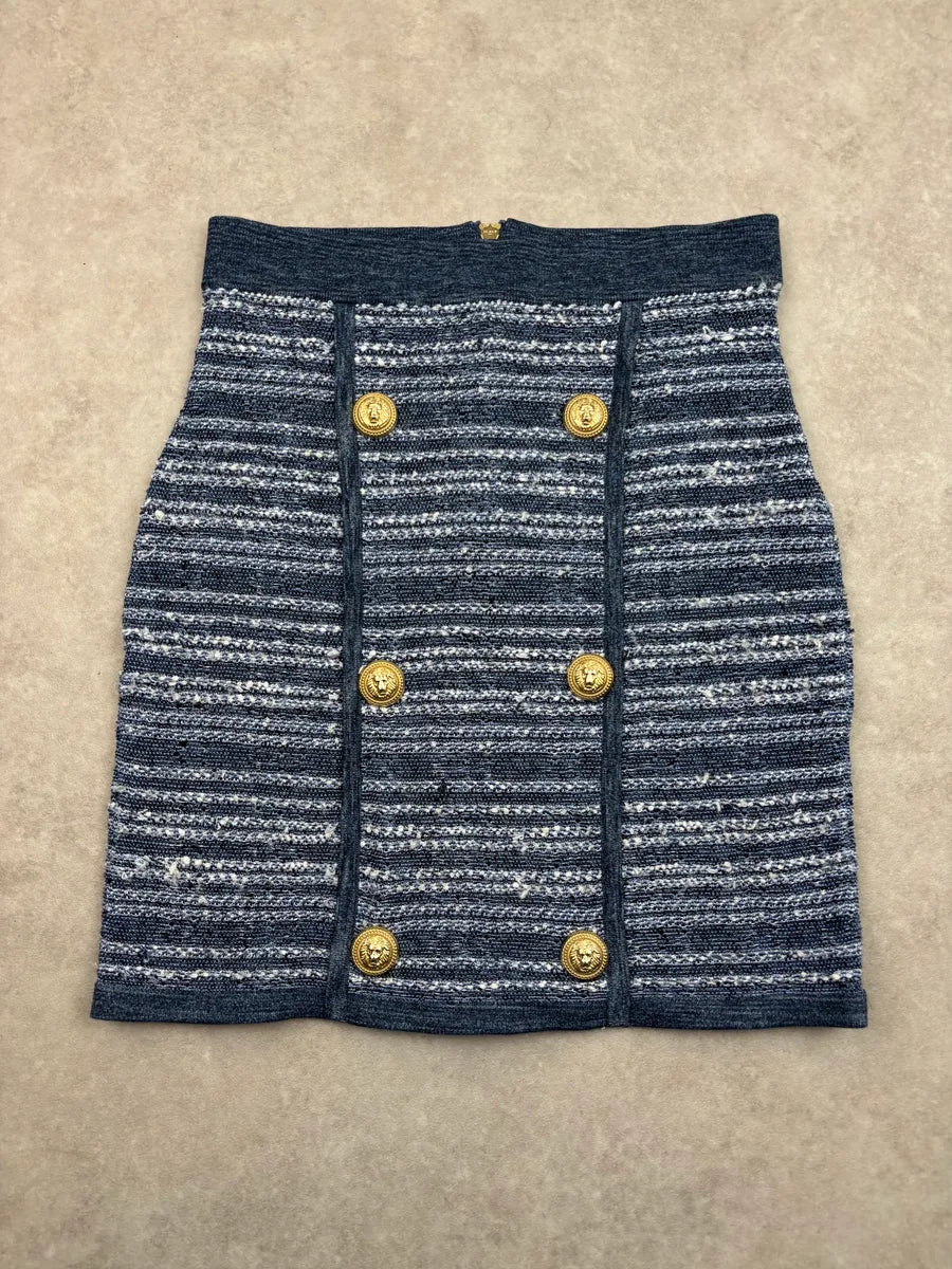 2010s Balmain Navy Tweed Lion Buttoned Skirt kJznilJ 3