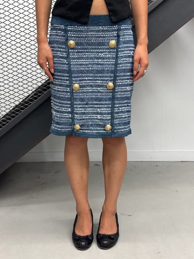 2010s Balmain Navy Tweed Lion Buttoned Skirt kJznilJ 0