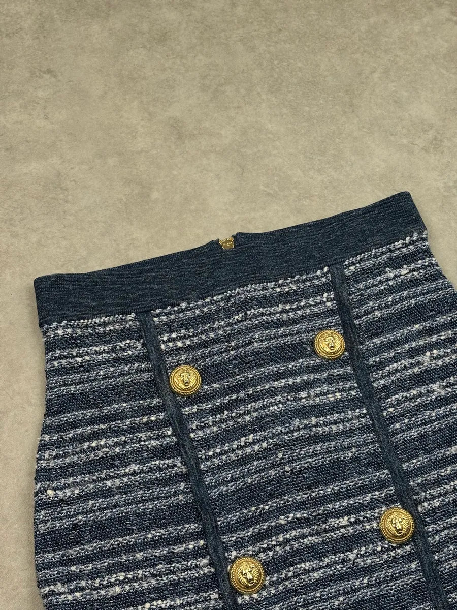 2010s Balmain Navy Tweed Lion Buttoned Skirt kJznilJ 4