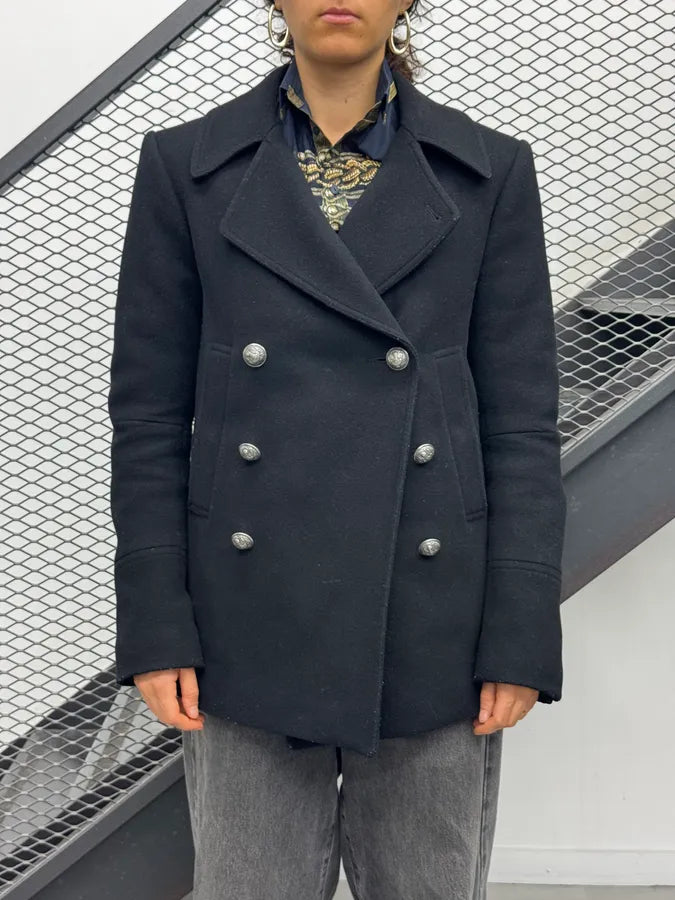 AW2014 Balmain Black Wool Double-Breasted Officer Coat QHNAaqW 2