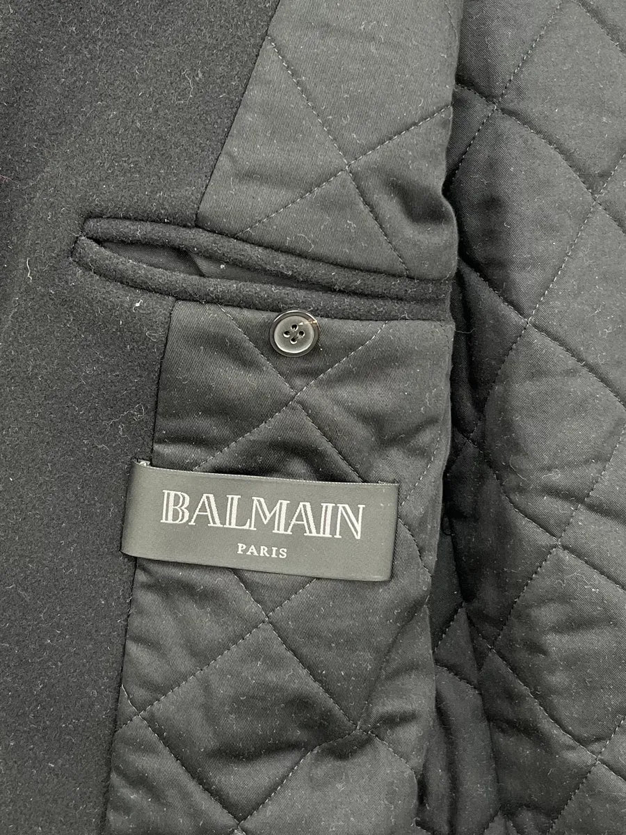 AW2014 Balmain Black Wool Double-Breasted Officer Coat QHNAaqW 11