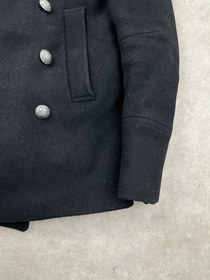 AW2014 Balmain Black Wool Double-Breasted Officer Coat QHNAaqW 8
