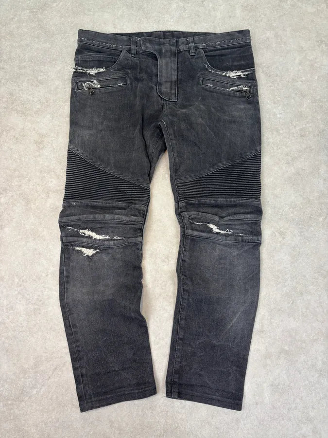 2010s Balmain Grey Japanese Distressed Biker Jeans  Cwfoork 0
