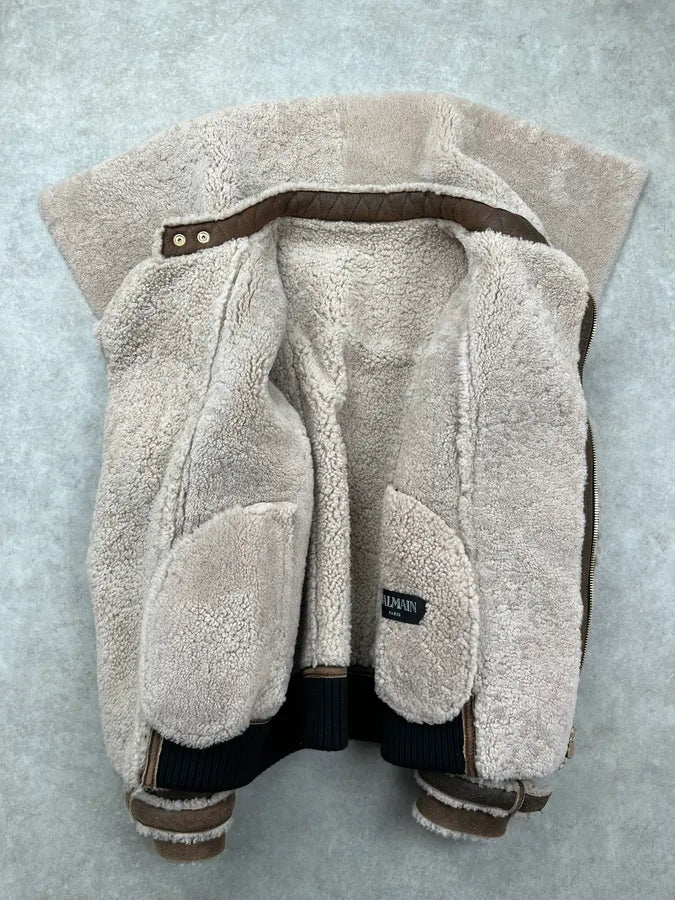 AW2017 Balmain Shearling Brown Leather Jacket rwnggbL 4
