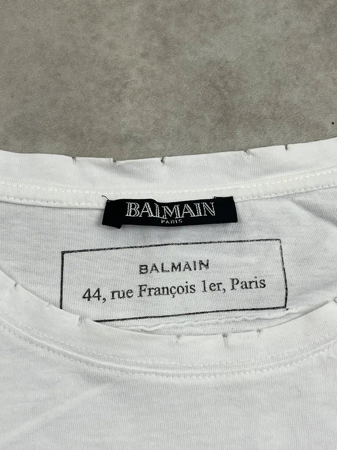 SS2019 Balmain White Distressed Collar T-Shirt Gzgrpax 7
