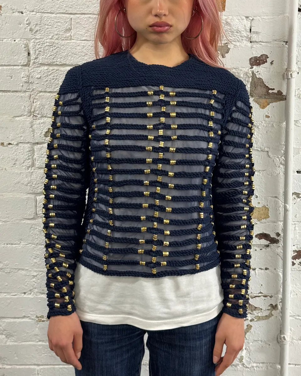 Balmain X H&M Navy Textured Gold Studded Cropped Sweater MfpSpTN 0